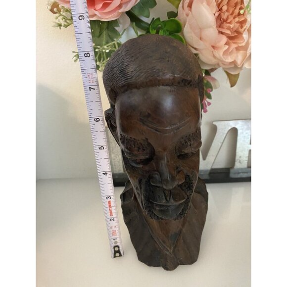 Vintage 1960s Tribal Man Hand Carved African Male Exotic Wood 8" Head Bust Stump - Picture 10 of 16